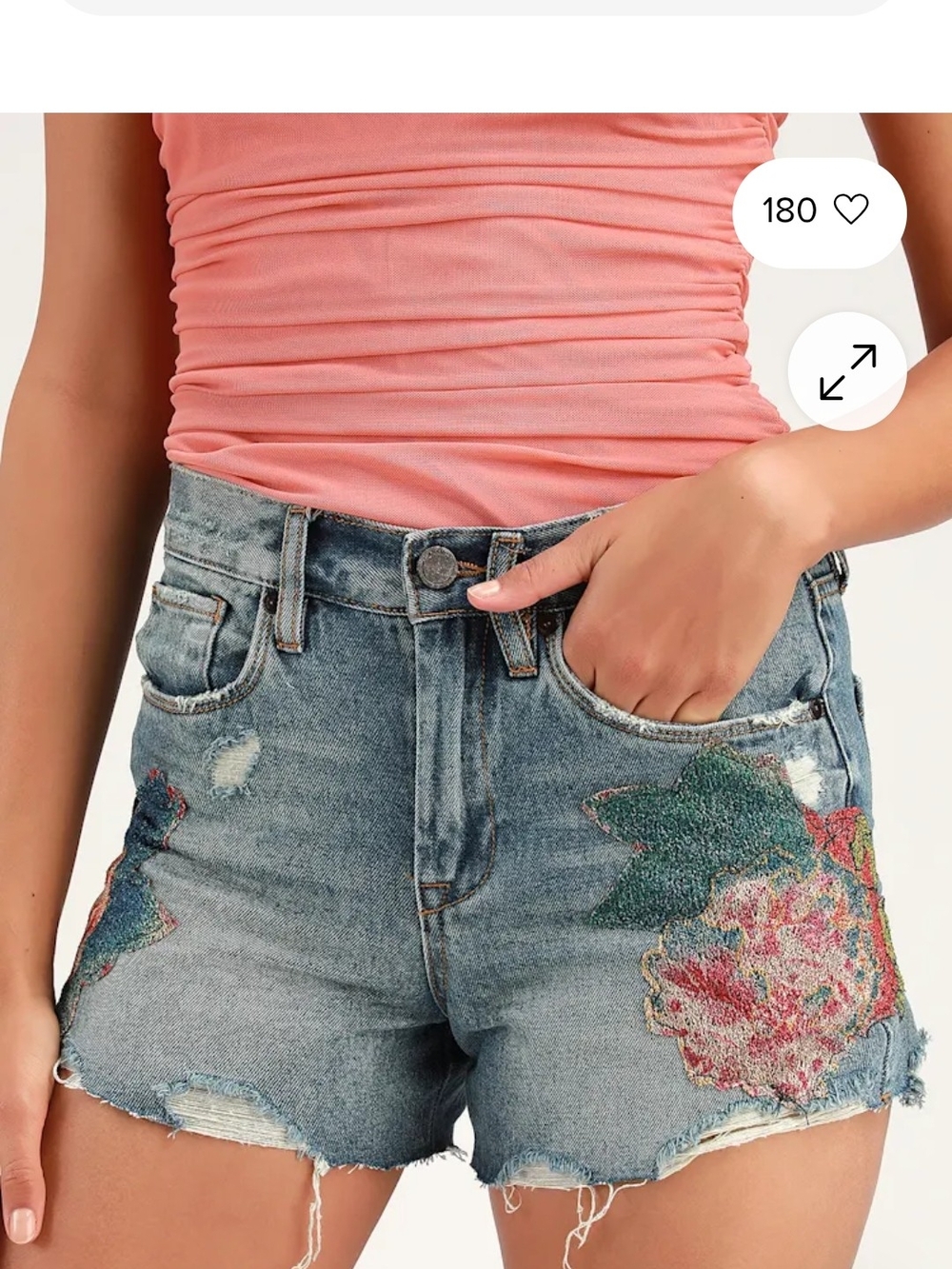 Blank NYC Vintage Blue Denim Jean Shorts with Multicolor Floral Embroidery